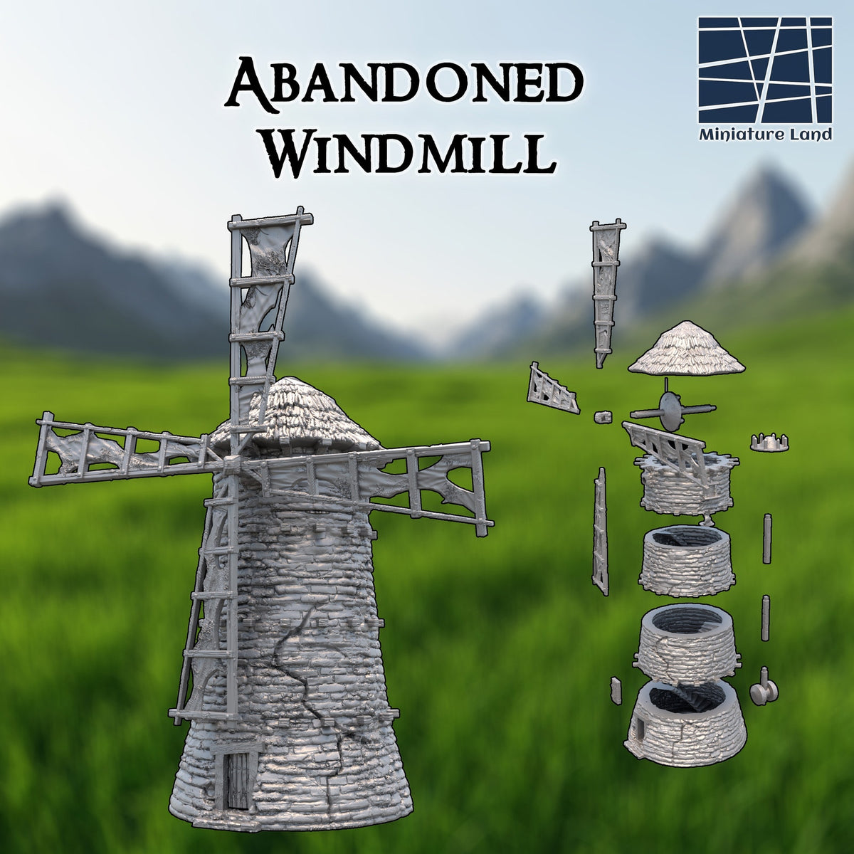 Medieval Abandoned Windmill DND, Wargames tabletop Terrain